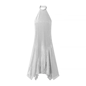 Sexy Silbernes Pailletten Halfter Maxi Kleid Rückenfrei Unregelmäßiger Saum Ärmellos Abendparty Kleid Für Damen Elegant