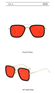 Front and side views of square vintage sunglasses with gold frame and red lenses