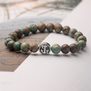 Bracciale di perle occhio di tigre e pietra lavica con ancora in argento vintage