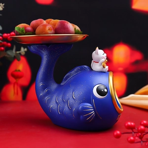 Blue koi fish tray with maneki-neko figurine for home storage and festive decoration