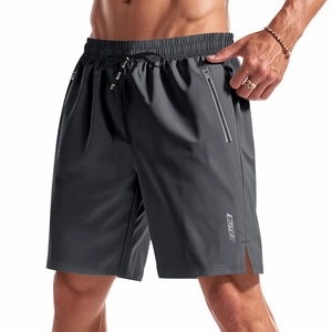 Men's dark gray quick-dry athletic shorts with drawstring waist and zipper pocket