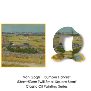 Detail view of Van Gogh Harvest oil painting scarf with silk-like twill texture