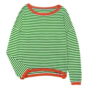 Women casual long sleeve striped sweater with orange trim and green-white patterns