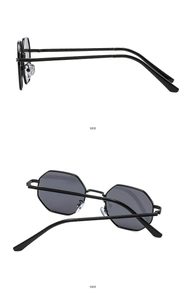 Detailed side and rear views of black octagonal metal sunglasses with adjustable nose pads