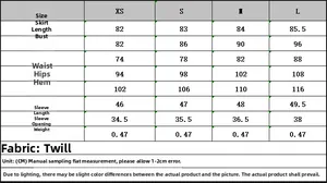 Detailed size chart for women's short dress showing measurements in centimeters