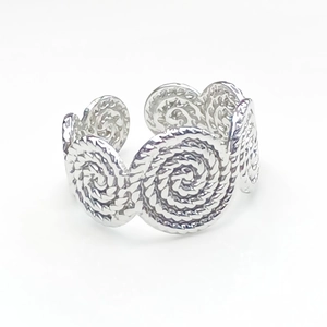 Detailed view of silver titanium steel open ring with continuous spiral pattern design