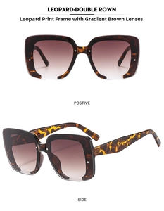 Detailansicht der randlosen Sonnenbrille mit Leopardenmuster und braunem Farbverlauf