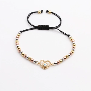 Bracelet ajustable en corde noire tressée avec pendentif cœur en zircon et motif mauvais œil