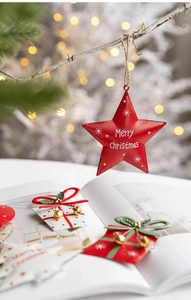 Detail of red metal star pendant with Merry Christmas text on snowy branch