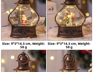 Detail of vintage Christmas lantern with LED lights, Santa figurine, and metal texture