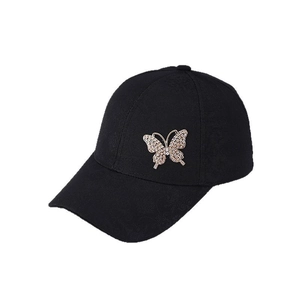 Women's black baseball cap with rhinestone butterfly motif and subtle embossed texture
