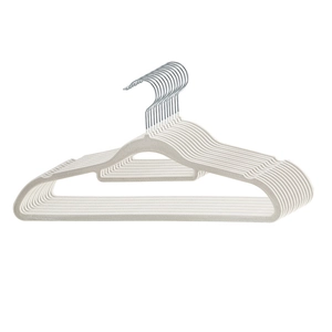 Slim non-slip flocked clothes hangers in cream white with space-saving ultra-thin profile