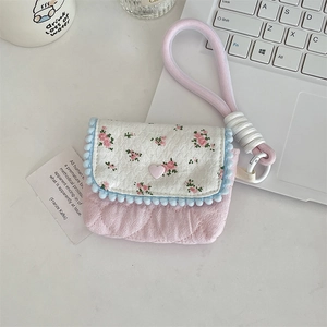 Floral CCD camera case detail with pink quilted fabric and woven wrist strap