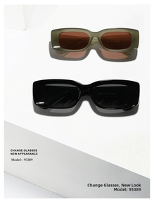 Detailed view of retro rectangle sunglasses featuring premium frames and inner model codes
