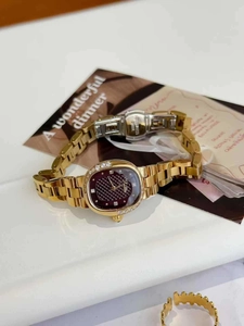 Detail of luxury gold chain strap and deep burgundy dial with diamond markers