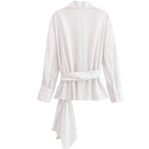Women striped long sleeve shirt with waist tie and slim fit design on white background
