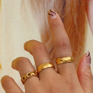 Golden embossed star and moon ring set with minimalist chain ring for women