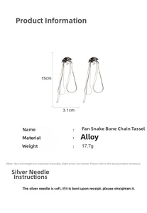 Detailed view of fan-shaped long tassel earrings with dimensions and silver needle components