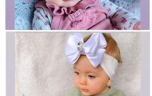Close-up of baby nylon headband with white satin bow and sparkling diamond center