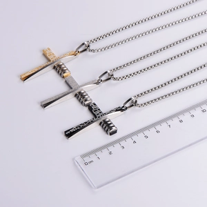 Hip hop stainless steel cross necklaces in gold, silver and black with size measurement