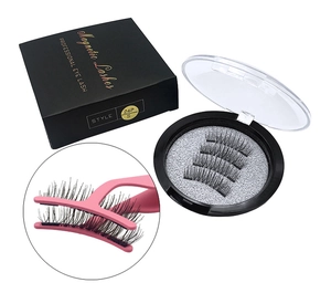 Detail of magnetic eyelash kit with pink applicator tweezers and storage mirror case
