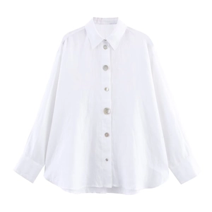 Minimalist white linen button-down long sleeve shirt for women shown flat on white background
