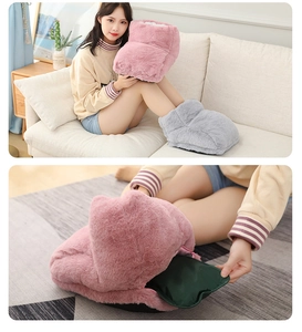 Detail of plush foot warmer with zipper opening for hot water bottle insert