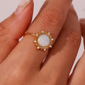 Adjustable gold plated stainless steel ring with white opal and diamond sunflower halo