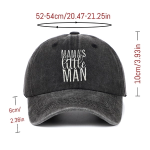 Kids black washed cotton baseball cap with white MAMA'S LITTLE MAN embroidery and size specs