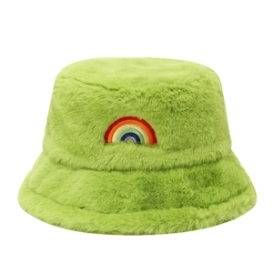 Winter plush lime green bucket hat featuring colorful rainbow embroidery for warmth