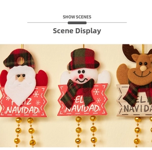 Three Christmas felt ornaments with Santa, snowman, reindeer and Feliz Navidad wood sign
