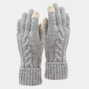 Close-up of grey cable knit gloves with touch-screen tips and ribbed elastic cuffs