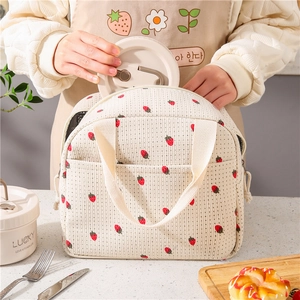 Borsa Pranzo Isolata Portatile Velluto A Coste Borsa Termica Con Tasca Esterna Motivo Fragola Fiori Per Ufficio Picnic