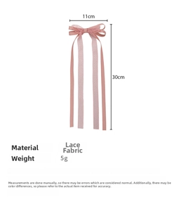 Detailed size view of a pink lace bow hairclip with 30cm long ribbon tassels