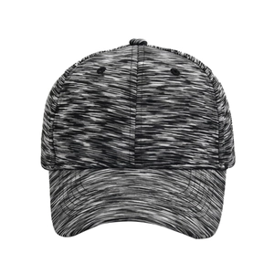 Close-up of space-dye camouflage fabric texture on a pre-curved baseball cap brim