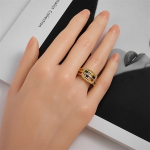 Adjustable gold plated ring with colorful rectangular gems and pavé zircon accents