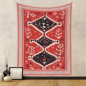Bohemian Indian tapestry with tribal geometric patterns on a red background for home decor