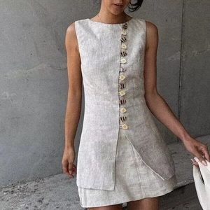 Women Sleeveless Round Neck Top And A-Line Mini Skirt Elegant Summer Outfits Asymmetric Buttons Textured Polyester