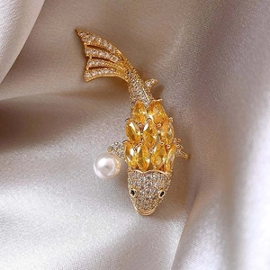 Elegant 14K gold plated koi fish brooch with yellow zircon and white pearl on silk