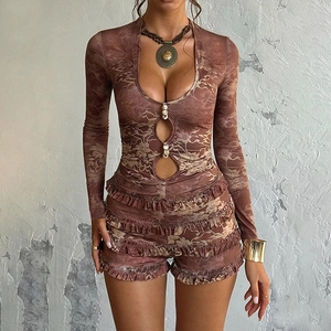 Floral Print Romper Long Sleeve Deep V Neck Hollow Out Ruffle Hem Artificial Pearl Buttons Brown Polyester Sexy Jumpsuit For Women