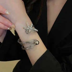 Seestern Offener Armreif Verdrillt Mehrlagig Kupfer Strass Eingelegt Verstellbar Strandurlaub Elegant Silberfarben Schmuck