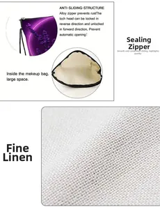 Detail of lavender floral linen cosmetic bag with large capacity and alloy zipper