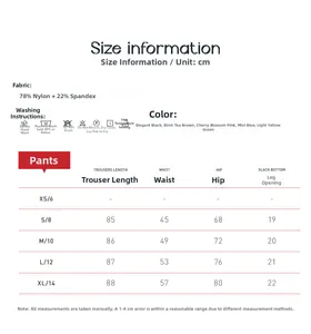 Tableau des tailles pour pantalon de yoga taille haute avec mesures et matière
