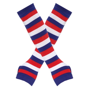 Knitted long fingerless gloves with red, white, and blue stripes in a crossed layout