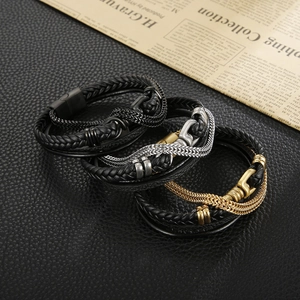 Men Multi Layer Braided Leather Bracelet With Stainless Steel Magnetic Clasp Retro Punk Fashion Wristband Jewelry