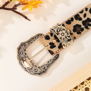 Vintage leopard print belt for women with decorative engraved gold metal buckle and studs