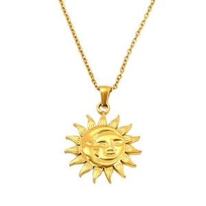 Vintage 18K gold plated stainless steel necklace featuring a celestial sun and moon pendant