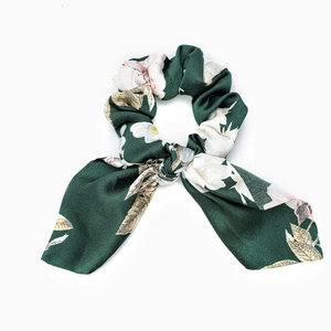 Dark green floral satin scrunchie with a stylish bow knot for women hair styling