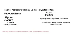 Quilted tote bag interior layout and capacity detail for phone, cosmetics, and lunch box