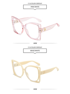 Détail de montures de lunettes carrées œil-de-chat roses et bégies au design ajouré